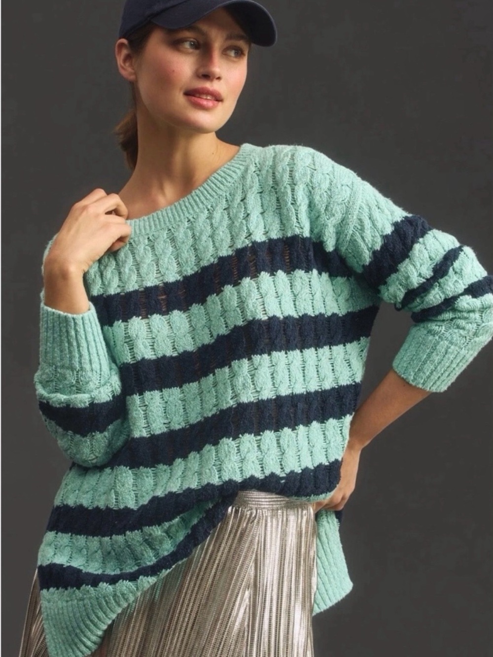 ANTHROPOLOGIE PILCRO Striped Longline Stitch Oversized  Chunky Sweater Sz. XS